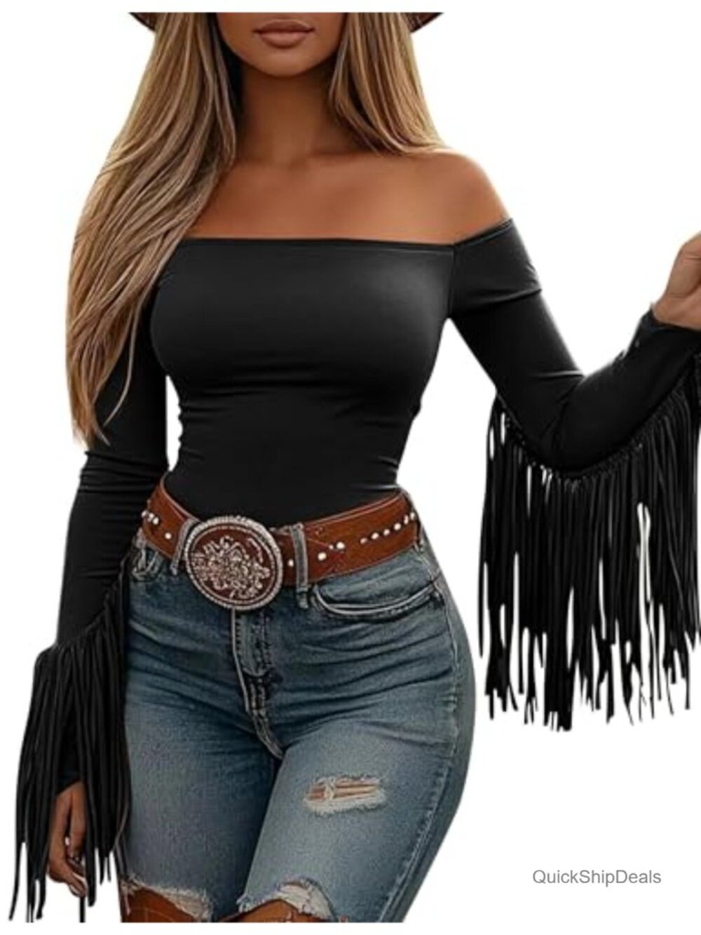 Women's Fringe Off Shoulder Long Sleeve Crop Top Western Cowgirl Tassel Blouse